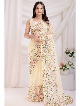 SGF11 - Cream Soft Net Embroidery Work Saree with Unstitched Blouse
