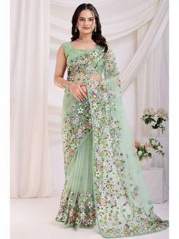 SGF11 - Light Green Soft Net Embroidery Work Saree with Unstitched Blouse