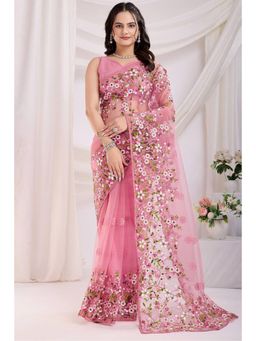 SGF11 - Pink Soft Net Embroidery Work Saree with Unstitched Blouse