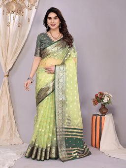 Anjaneya Sarees - Green Woven Organza Kanjivaram Saree with Unstitched Blouse