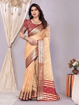 Anjaneya Sarees - Peach Woven Organza Kanjivaram Saree with Unstitched Blouse