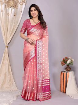 Anjaneya Sarees - Pink Woven Organza Kanjivaram Saree with Unstitched Blouse