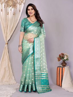 Anjaneya Sarees - Teal Woven Organza Kanjivaram Saree with Unstitched Blouse