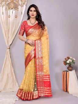 Anjaneya Sarees - Yellow Woven Organza Kanjivaram Saree with Unstitched Blouse
