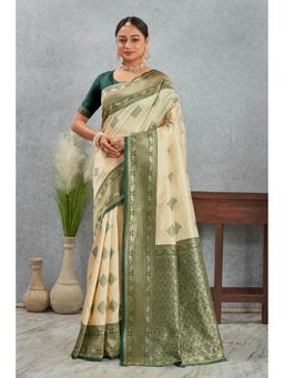 Anjaneya Sarees - Beige Woven Banarasi Kanjivaram Saree with Unstitched Blouse