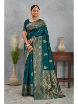Anjaneya Sarees - Green Woven Banarasi Kanjivaram Saree with Unstitched Blouse