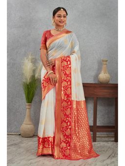 Anjaneya Sarees - White Woven Banarasi Kanjivaram Saree with Unstitched Blouse