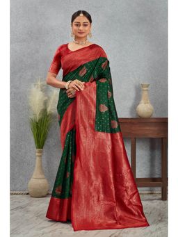 Anjaneya Sarees - Green Woven Banarasi Kanjivaram Saree with Unstitched Blouse