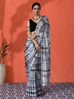 Lush Glam - Chinon Checkered Mirror Work Border Festive Ready Look Saree with Unstitched Blouse
