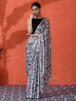 Lush Glam - Chinon Floral Mirror Detailing Perfect Party Wear Saree with Unstitched Blouse