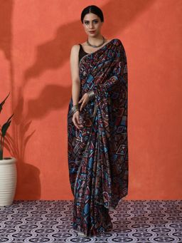 Lush Glam - Chinon Geometric Mirror Work Border Includes Saree with Unstitched Blouse