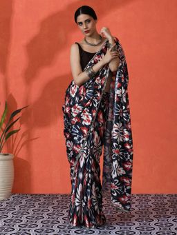 Lush Glam - Chinon Floral Mirror Border Drape Elegance Effortlessly Saree with Unstitched Blouse