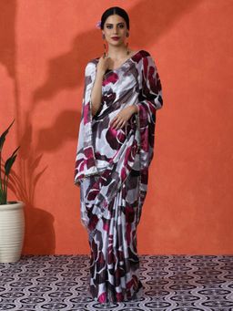 Lush Glam - Chinon Floral Mirror Border Elegant and Lightweight Saree with Unstitched Blouse