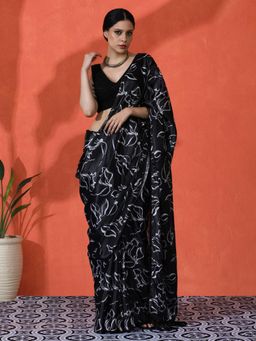 Lush Glam - Chinon Floral Mirror Border Glamorous Ethnic Vibe Saree with Unstitched Blouse