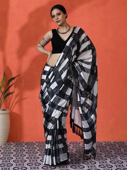 Lush Glam - Chinon Bold Check and Mirror Work Border Includes Saree with Unstitched Blouse