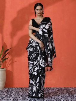Lush Glam - Lightweight Chinon Floral Mirror Border Festive Saree with Unstitched Blouse