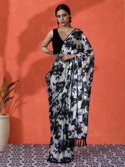 Lush Glam - Chinon Designer Artistic Floral Mirror Detailing Saree with Unstitched Blouse