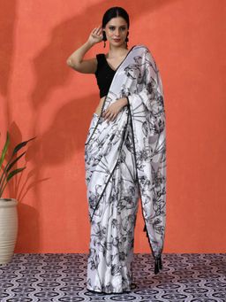 Lush Glam - Chinon Floral Mirror Border Includes Blouse Fabric Saree with Unstitched Blouse