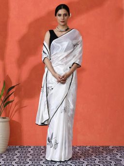 Lush Glam - Elegant Chinon Floral Saree with Dazzling Mirror Border Saree with Unstitched Blouse