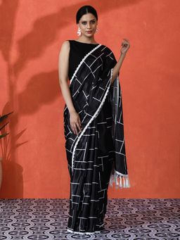 Lush Glam - Chinon Checkered Mirror Work Border Saree with Unstitched Blouse