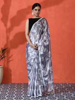 Lush Glam - Designer Chinon Saree with Eye-Catching Mirror Border with Unstitched Blouse