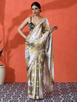 Lush Glam - Chinon Mirror Work Border Vibrant Tie and Dye Ethnic Saree with Unstitched Blouse