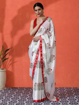 Lush Glam - Chinon Saree with Bold Floral and Shimmer Mirror Border Saree with Unstitched Blouse