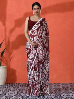 Lush Glam - Flowy Chinon Saree with Mirror Finish Border Saree with Unstitched Blouse