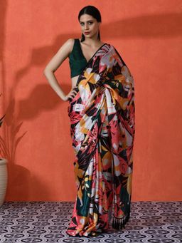 Lush Glam - Chinon Floral Saree with Hand Mirror Work Border Saree with Unstitched Blouse