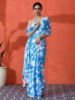 Lush Glam - Chinon Elegant Floral Mirror Embroidered Border Saree with Unstitched Blouse