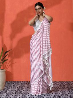 Lush Glam - Chinon Striped Saree with Reflective Mirror Work Saree with Unstitched Blouse