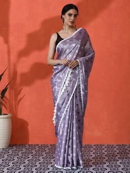 Lush Glam - Chinon Elegant Geometric Handcrafted Mirror Border Saree with Unstitched Blouse