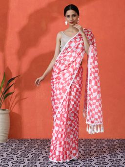 Lush Glam - Chinon Checkered Saree with Subtle Mirror Work Saree with Unstitched Blouse