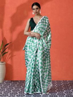 Lush Glam - Chinon Checkered Saree with Gleaming Mirror Border Saree with Unstitched Blouse