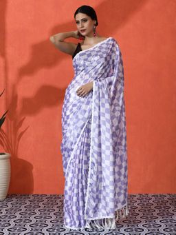 Lush Glam - Chinon Digital Checkered Reflective Mirror Work Border Saree with Unstitched Blouse