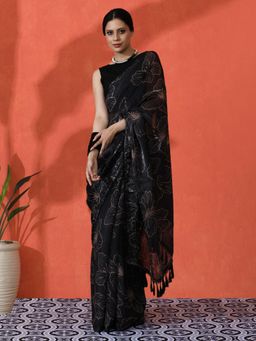 Lush Glam - Chinon All-Over Floral Saree with Stylish Mirror Work Saree with Unstitched Blouse