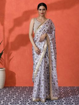 Lush Glam - Chinon Geometric Perfect Occasion Wear Mirror Border Saree with Unstitched Blouse