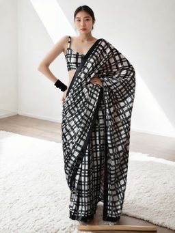 Lush Glam - Chinon Multi Color Pre-Draped Saree with Unstitched Blouse