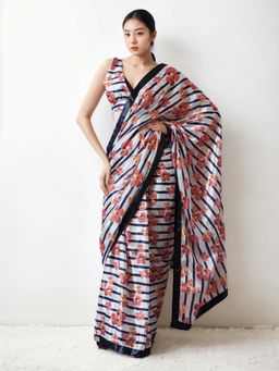 Lush Glam - Chinon Multi Color Pre-Draped Saree with Unstitched Blouse