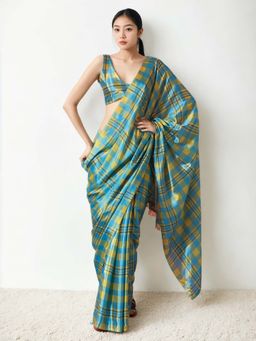 Lush Glam - Chinon Multi Color Pre-Draped Saree with Unstitched Blouse