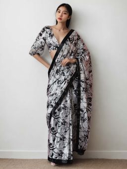 Lush Glam - Chinon White Pre-Draped Saree with Unstitched Blouse
