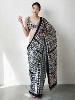 Lush Glam - Chinon Multi Color Pre-Draped Saree with Unstitched Blouse
