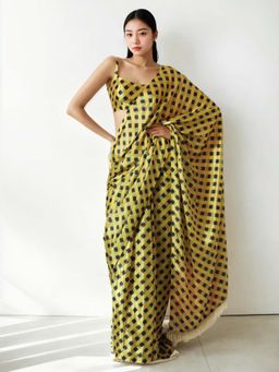 Lush Glam - Chinon Yellow Ready To Wear Saree with Unstitched Blouse