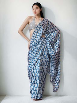 Lush Glam - Chinon Blue Pre-Stitched Saree with Unstitched Blouse