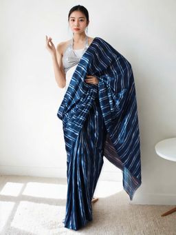 Lush Glam - Chinon Blue Pre-Draped Saree with Unstitched Blouse