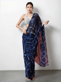 Lush Glam - Chinon Blue Pre Draped Saree with Unstitched Blouse