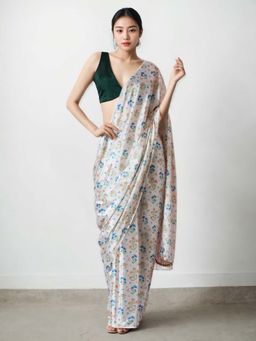 Lush Glam - Chinon White Pre-Drape Saree with Unstitched Blouse