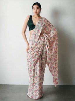 Lush Glam - Chinon Cream Pre-Drape Saree with Unstitched Blouse
