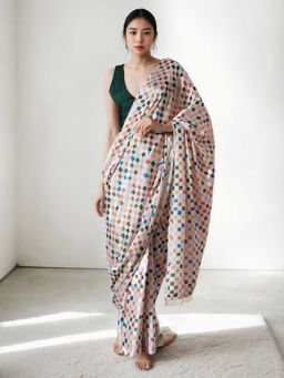 Lush Glam - Chinon Cream Pre-Drape Saree with Unstitched Blouse