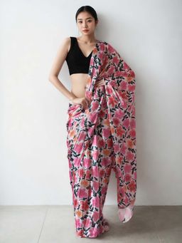 Lush Glam - Chinon Pink Pre-Drape Saree with Unstitched Blouse